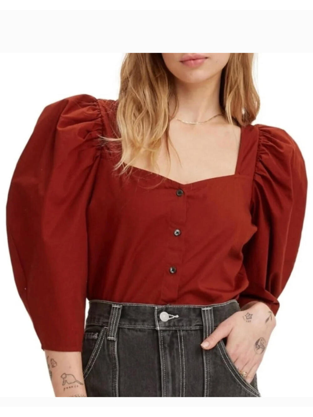 Levi's sz S all cotton brick red button down puff sleeves square neck blouse C